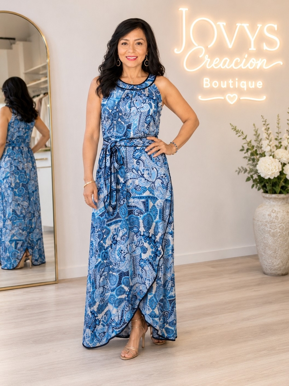 Jessica Howard Blue Paisley Halter Maxi with Tie Waist